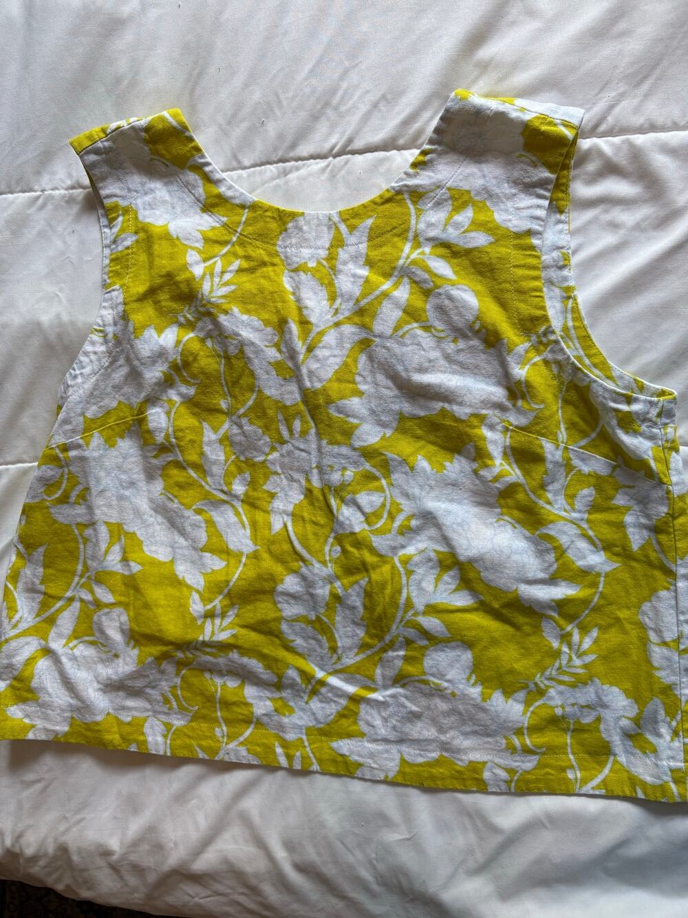 Linen Viscose Blend Boho Cottage Chartreuse Yellow Botanical Open Back Tank Top